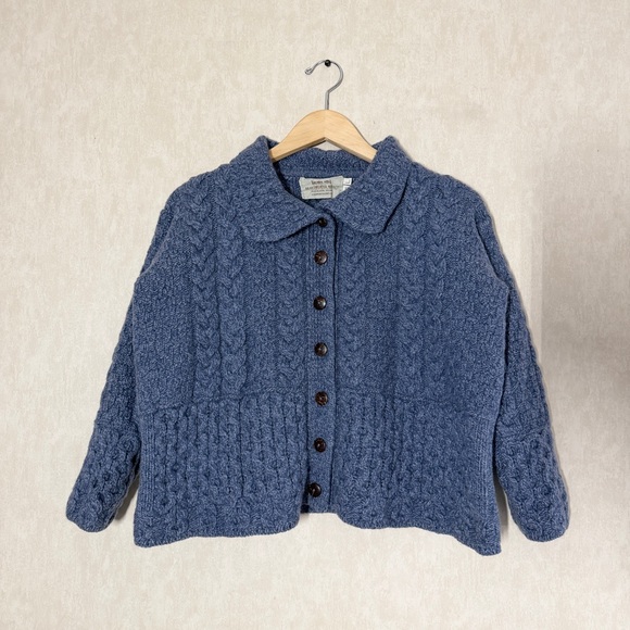 Aran Sweater Market Sweaters - Aran Sweater Market 100% Merino Wool Ireland Cardigan Cable Knit Sweater Blue L